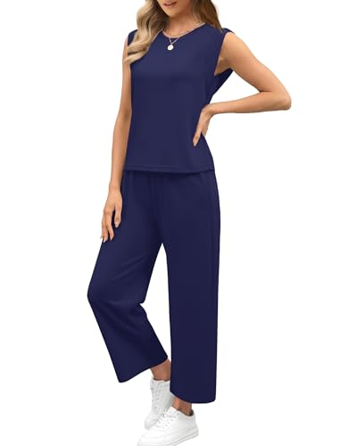 Image of SAMPEEL Two Piece Sets for Women Casual Travel Vacation Outfits Summer Wide Leg Crop Pants Lounge Sets