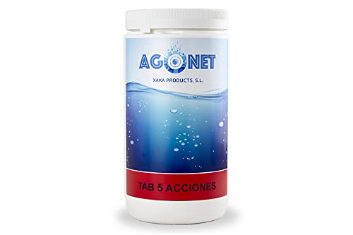 Cloro Pastillas 5 acciones | Mantenimiento de Piscina | Tratamiento Multiacción (Desinfectante, alguicida, bactericida, floculante y estabilizante) | Formato 1 kg | Fabricado en España