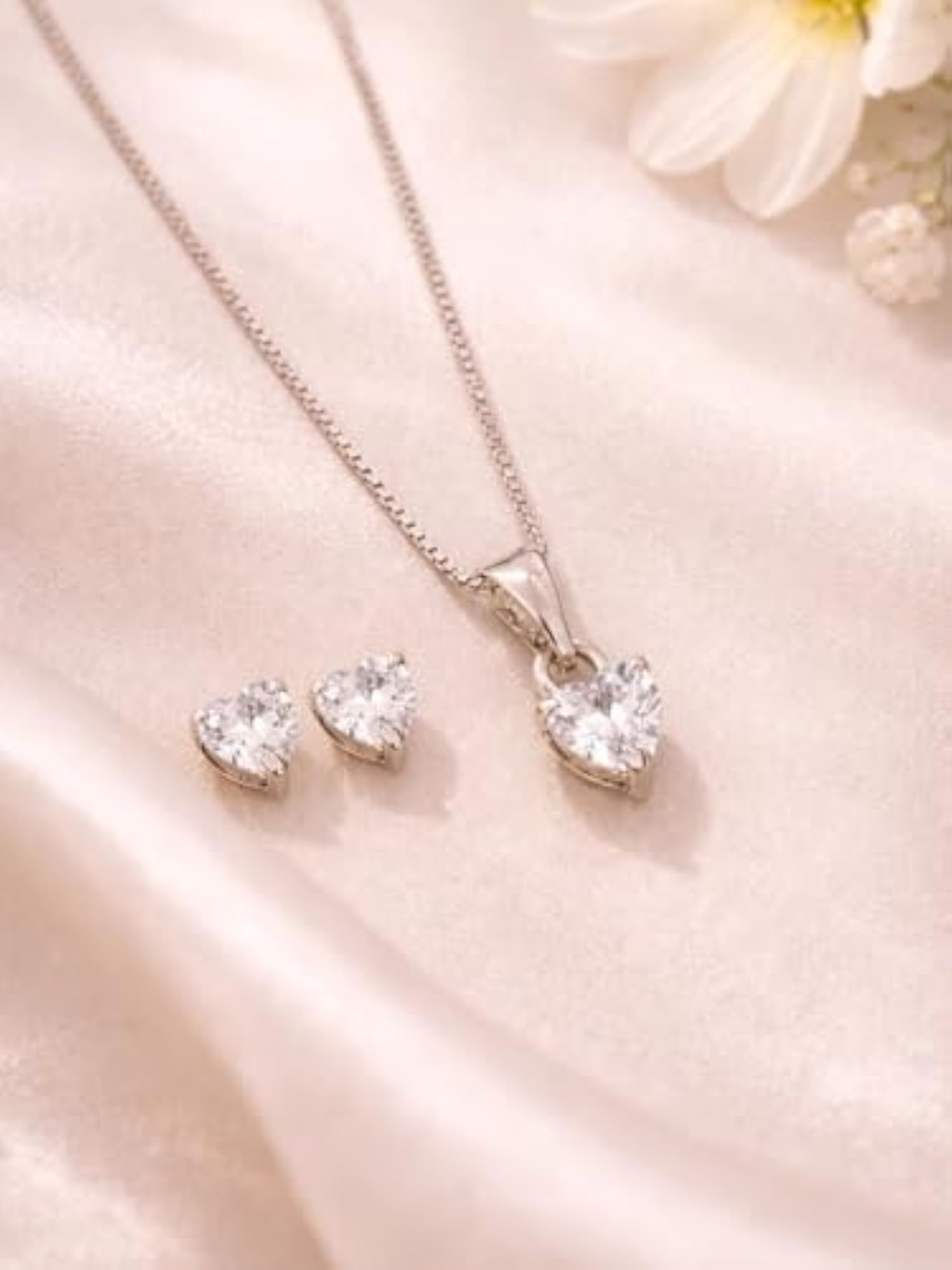 Women's Pure 925 Silver Minimal Single Stone CZ Pendant Charm & Stud Earrings Set