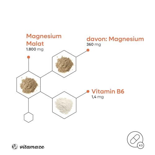 Vitamaze Magnesium Malat 360mg + Vitamin B6, Hochdosiert mit 1800 mg, 180 vegane Kapseln, 2 Monate Vorrat, Ohne Zusatzstoffe 3