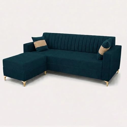 Image of FURNY Signature Regalia 4-Seater L-Shape Sofa Set with Movable Ottoman | Flexible LHS /RHS Layout | Boston Fabric | 40D Foam + Zigzag Spring | 3-Yr Warranty (Peacock Teal & Warm Beige)
