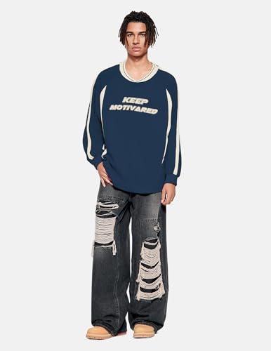 Vamtac Letter Graphic Crewneck Sweatshirts for Men Vintage Color Blocking Long Sleeve Casual Pullover Top