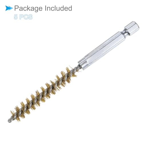 Image of Bore Brush, 9mm Dia 4 Inch Length, Brass Cleaning Wire Brushes with 1 /4 Inch Hex Shank - (Applications: for Power Drill, Die Grinder), 5-Pieces