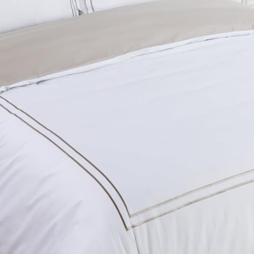 Majestic Giftware Madison Linen 8-Piece Full Size Duvet Bedding Set (BL51-F-3) | Flora Hotel Collection-White-Taupe Embroidery 400 TC Cotton Sateen | 2 Fitted Sheets, 2 Duvets, 4 Pillowcases