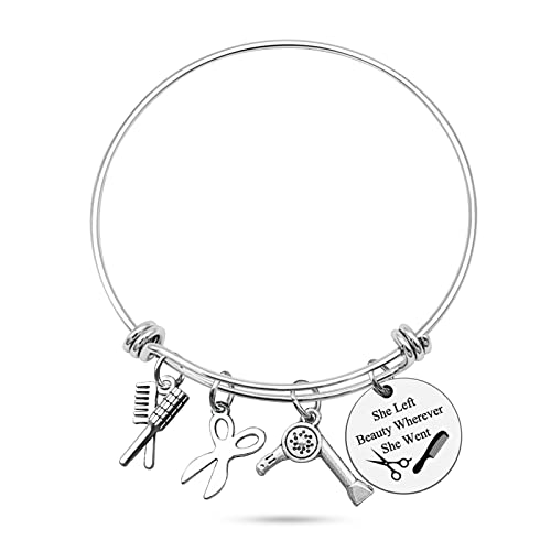 Hair Stylist Bracelet Hairdresser Jewelry for Hairstylist Gift She Left Beauty Wherever She Went Bangle Hairstylist Cosmetology Graduation Birthday Gift for Her Women Friends Hairdresser