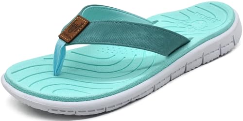 KuaiLu Womens Casual Flip Flops Comfortable Yoga Mat Arch Support Memory Foam Comfort Cushion Summer Beach Slip on Walking Thong Sandals Ladies Orthotic Recovery Plantar Fasciitis Lake Blue Size 7