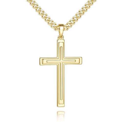Mens Cross Necklaces 14K Gold Cross Necklace for Men Gold Crosses Chain for Men Modern Simplicity and Layered Geometry Mens Dainty Crosses Pendant 20/22/24in