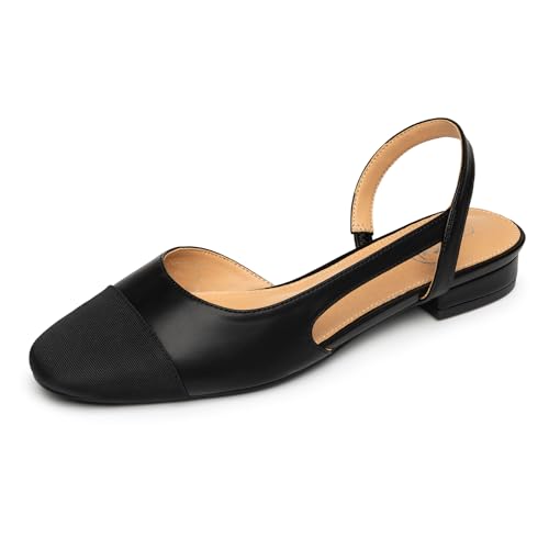 Trary Slingback Flats for Women, Black Dressy Comfortable Round Square Toe Shoes, Work Office Casual Ankle Strap Dress Flats4