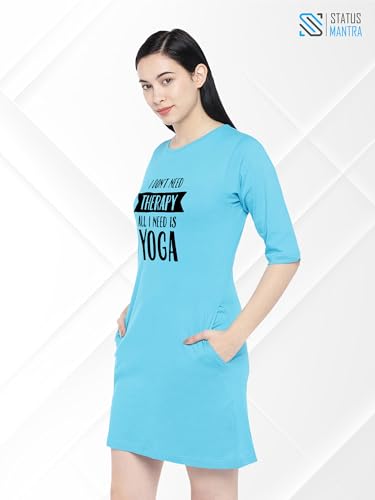 Image of STATUS MANTRA Women's Long T-Shirt Dress - Cotton Casual Knee Length Dress with 3 /4 Sleeves | Soft Bio-Washed Fabric, Crew Neck, Relaxed Fit | Comfy Summer Lounge Wear