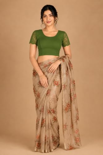 Image of Abhi Cotton Readymade Saree Blouse for Women- Half Net Sleeves, Round Neck, Regular-fit, Stretchable, Pull-on Style Blouse