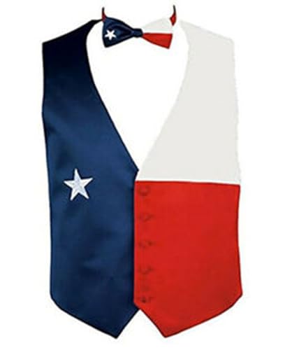 Texas Flag Mens Lone Star Red White and Blue Star Tuxedo Vest and Pre-Tied Texas Flag Bow Tie