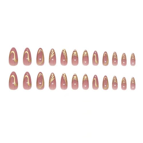 Image of Press on Nails Gold Fake Nails Medium Almond False Nails with Glitter Design Glue on Nails Glossy Full Cover Nail Press ons Artificial Acrylic Stick on Nails for Women Girls Manicure 24 Pcs