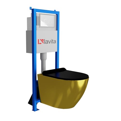 Lavita LAV 101 Élément mural pour WC 40 cm + évier mural suspendu SOFI Slim Gold/Black sans bord + panneau de commande LAV 200.4.1 blanc | Kit complet | Réservoir de chasse encastré | Kit complet