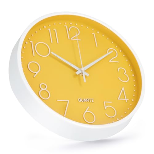 Image of Wall Clock Non-Ticking Silent Modern Simple Style Round Decor Clock Stereoscopic Dial Quartz Wall Clocks for Home /Office /School /Living Room /Bedroom /Kitchen (Yellow, 8inch)
