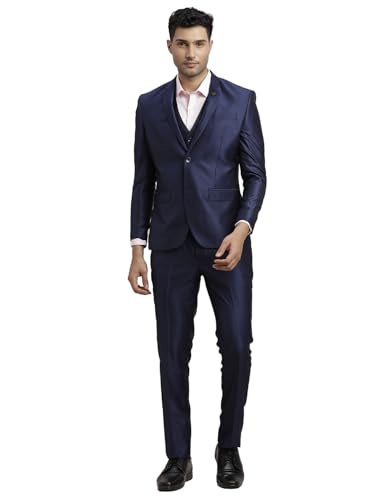 Image of Turtle Men Poly-Viscose Three Piece Suit - Dobby Print, Full Sleeve Blazer, Waistcoat & Pant for Wedding & Party