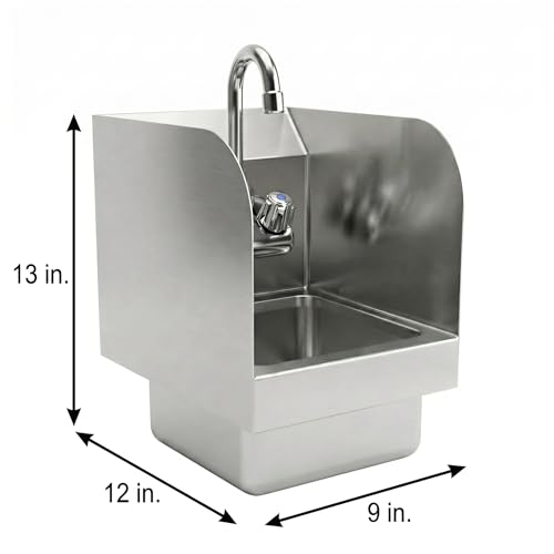 Image of Commercial Wall Mount Hand Sink 12 in. x 9 in. x 13 in. Inch Stainless Steel Space Saver Sink with Side Splashes Faucet Included, Small Hand Wash Sink with Drain Basket for Restaurant Food Truck, NSF