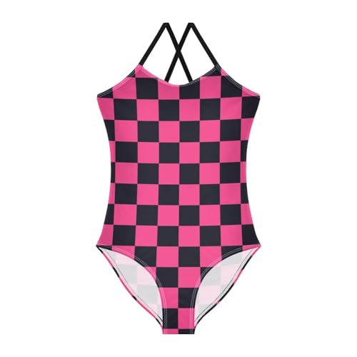 susiyo Girls One Piece Swimsuits Black Pink Checkered Bathing Suit Quick Dry Beach Swimwear for Toddler Girl 3-10T