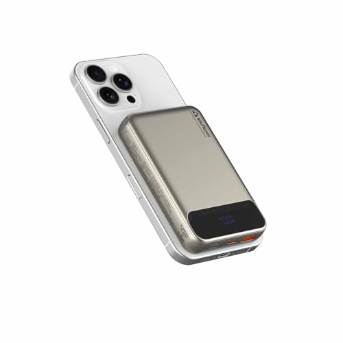 Image of Stuffcool Click 10000mAh Slim Magnetic Wireless Powerbank Natural Titanium Finish Perfect for iPhone 16,15,14,13,12 with Led Display and 20W Fast Wired Charging - Charges iPhone 50% in 30 mins