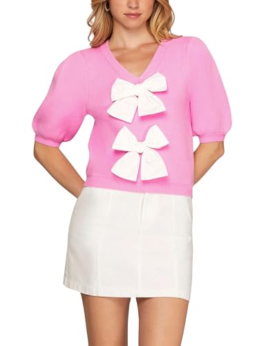 Image of Hongsui Women's Short Sleeve Crop Sweater Puff Sleeve V Neck Knit Tops Double Bowknot Blouse (Pink-S)