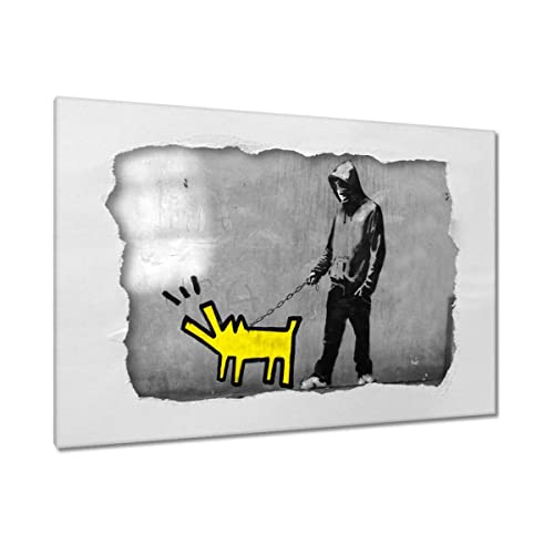 Tableau imprimé sur toile jaune 120 x 80 cm style Banksy urbain