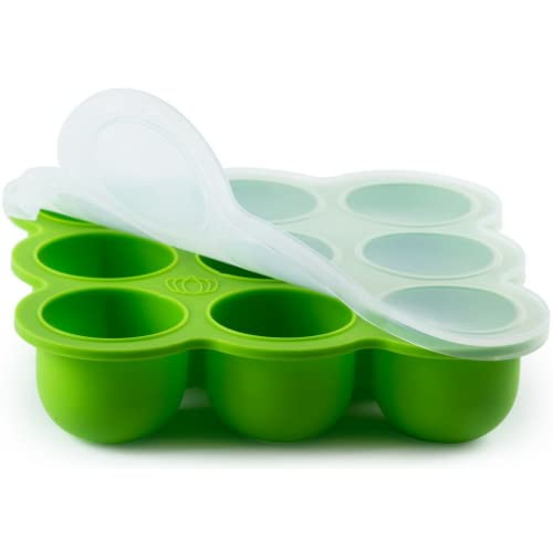 Image of Silicone Baby Food Storage Container and Freezer Tray - Food-Grade Silicone Mold with Clip-On Lid - 9 x 2.5 Oz Easy Out Portions (Green)