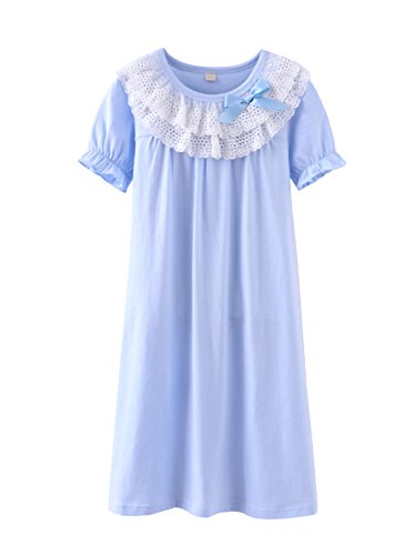 Summer Girl's Lace Nightgowns Sleep Dress 100% Cotton Sleepwear for Girl (Blue(Short Sleeve), 14)