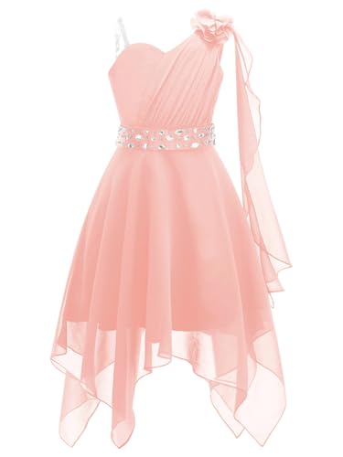 Hularka Kids Girls One Shoulder Chiffon Wedding Party Dress Sleeveless Flower Girl High-Low Dress Proms Ball Gown
