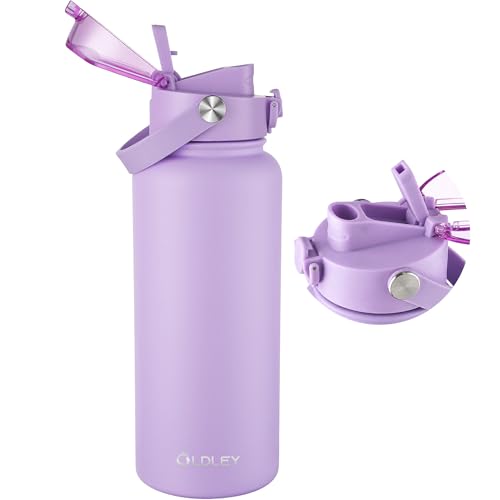 Image of OLDLEY 32oz Insulated Water Bottle with 2-in-1 Straw & Chug Lid, Leakproof Stainless Steel Bottle, Double Wall Vacuum Insulated Water Bottle for Sports, Gym, Travel,Purple