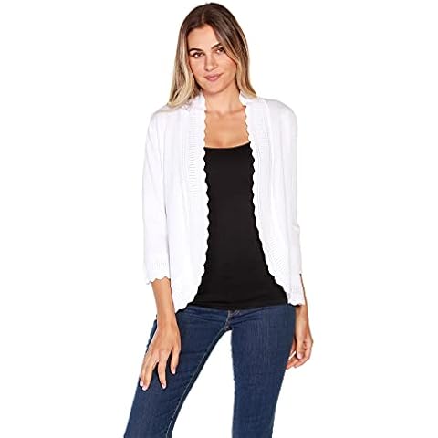 Women's Lightweight Cardigan Shrug with 3/4 Sleeves and Scalloped Edging White Cover