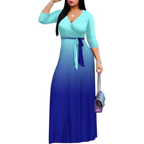 Image of PINKPATTY Women's Floral Maxi Dress 3 /4 Sleeves V Neck Cocktail Party Dress Belted Wrap Dresses with Pockets（Gradients3 L）, Large