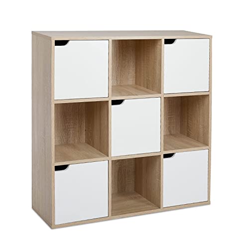 Meerveil Étagère de Rangement 9 Cubes Bibliothèque en Bois Armoire de Rangement, Inclus 4 Cubes Ouvertes et 5 Cubes avec Portes pour Salon Bureau Style Moderne, Chêne