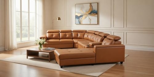 Image of Mishel 12 Seater Sofa Set for Living Room | Sectional U Shaped 12 Seater Sofa with Storage & Cupholder (Tan Leatherette, RHS)