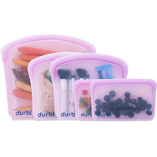 Image of Durbl - Reusable Silicone Food Storage Bags (Lavender), 5 Pack BPA Free, Dishwasher Safe Silicone Bags, Leakproof Standup Bags For Food & Travel, Reusable Baggies Perfect for Kids Snack Sandwich