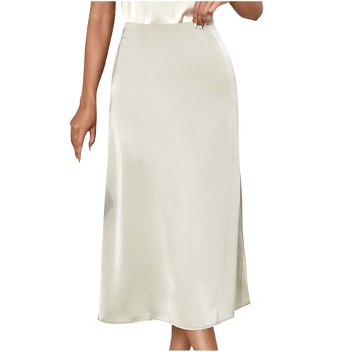 Women Satin A Line Midi Skirt Elegant Business Soft Smooth Elasticized Straight Skirt Cocktail Party Wedding Skirts