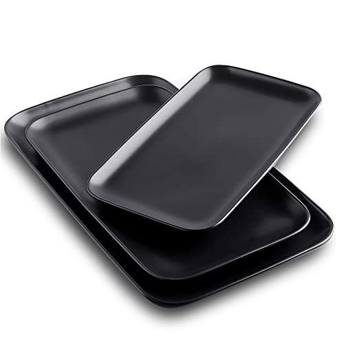 KOOV Porcelain Rectangular Serving Platter, 14/12/10 Inch Large Serving Dishes with 3 Sizes, Matte Black Set of 3 for Party, Food, Appetizers and Dinner