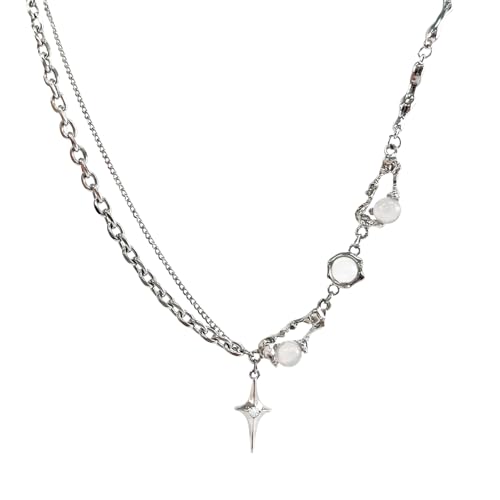 FloralGrace Y2K Unregelmäßige Damen Halskette mit Sternanhänger und Mondstein, Silber Zirkon Kette, 40 cm mit Verlängerung, perfekt für jeden Anlass