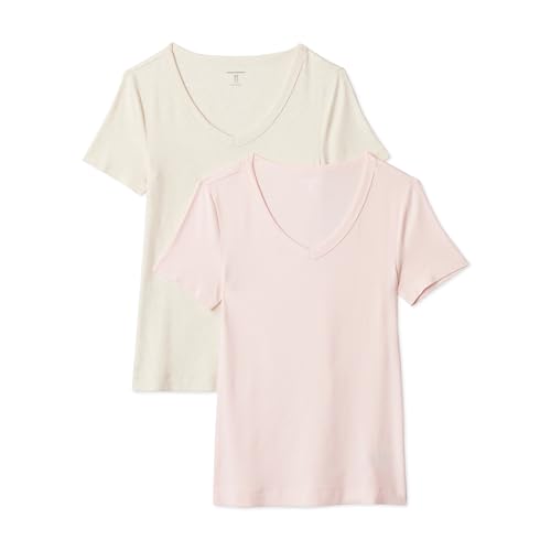 Amazon Essentials Damen Kurzärmeliges T-Shirt mit V-Ausschnitt schmale Passform 2er-Pack Oatmeal Heather/Hellrosa X-Large