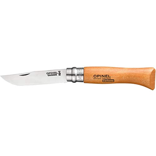 Opinel - N°08 Cuchillo de Bolsillo en Blister - Hoja de 8,5 cm de Acero Carbono XC90, Mango de Madera de Haya, Uso Diario, Anillo de Seguridad Virobloc - Fabricación Francesa