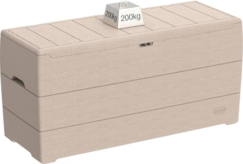 Duramax Cedargrain Durabox 270 Liter/ 71 Gallonen, Kissenbox aus Kunststoff, Organizer für Gartenmöbel, Aufbewahrungsbox aus Kunststoff mit Rädern und Griffen, Patio-Box, Warmes Taupe