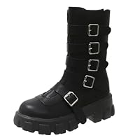 Luckywaqng Women's High Top Wellington Boots, Half Height Ankle Boots with Buckle, Rain Boots with Non-Slip Sole, Thick Sole, Waterproof Wellington Boots, Hiking Boots, Slip-On Shoes, Leather Boots
