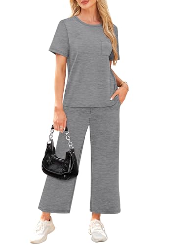 Image of WIHOLL 2 Piece Sets for Women Casual Summer Travel Vacation Outfits Short Sleeve Wide Leg Crop Pants Lounge Sets