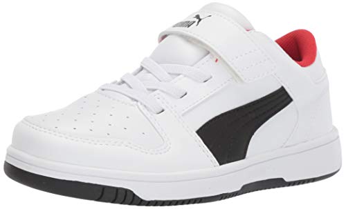 PUMA unisex child Rebound Layup Lo Hook and Loop Sneaker, Puma White-puma Black-high Risk Red, 12.5 Little Kid US