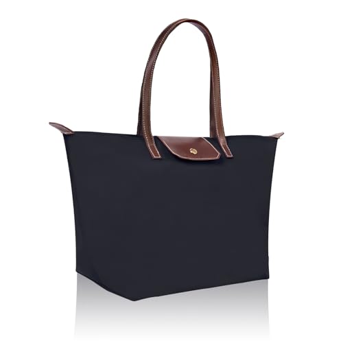 LINGLONGCY Damen-Schultertasche Faltbar Großes Fassungsvermögen Wasserdicht Nylon Umhängetasche Handtasche Reisehandtasche Schwarz M 42 * 30 * 18cm
