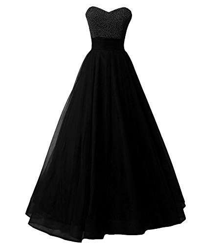 Amazon.com: Tulle Long Sweetheart Beaded Pearls A Line Prom Dresses Evening Gowns  Black 2 : Clothing, Shoes & Jewelry