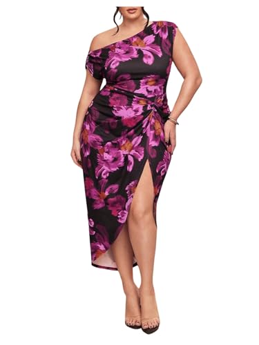 Image of Floerns Women's Plus Size Asymmetrical Neck Long Dress Ruched Slit Hem Cocktail Dress