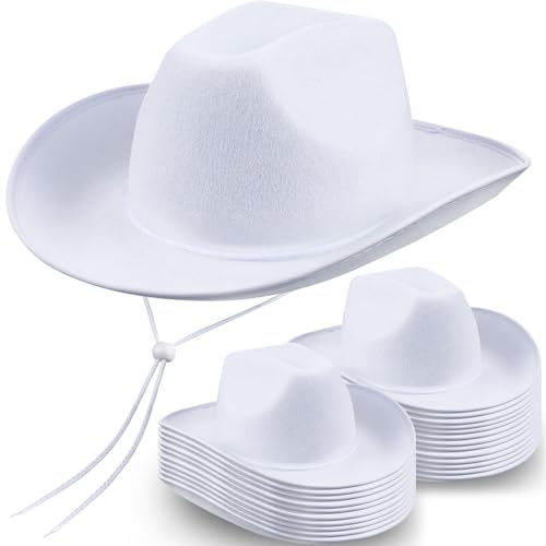 Image of Janmercy 24 Pack White Cowboy Hats Bulk for Adult Western White Plain Cowboy Hats with String Texan Wide Brimmed Cowgirl Hat