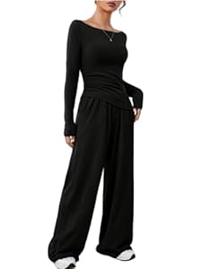 DURINM Zweiteiler Damen Elegant Tracksuit Hausanzug Kuschelig mit Rundhals Langarm Oberteil und Weiter Hose Elegant Hausanzug Lässiger Trainingsanzug Loungewear Set