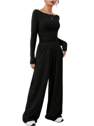 DURINM Ensemble Survêtement Femme 2 Pièces Tenue Survêtement Chic Elegant Sweat à Manche Longue Pour Femmes Soft Manche Longue Top Wide Leg Survêtements Ensemble Jogging