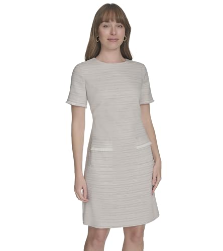 Image of Tommy Hilfiger Women's Pleated Trim Short Sleeve High Neck Shift Mini Dress