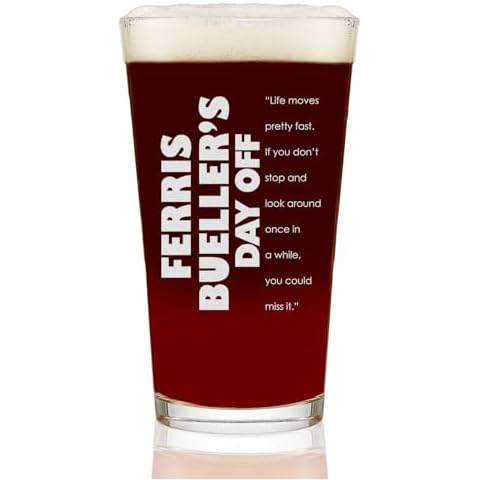 Ferris Bueller's Day Off Etched Pint Beer Glass - w/Quote "Life moves pretty fast" - Officially Licensed, Premium Quality, Handcrafted Glassware, 16oz. - A Collectible Gift for Movie Lovers Cover